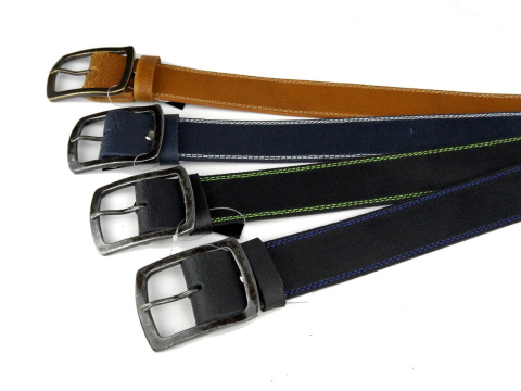 Pasek Skórzany COMPLEX (PL) GRINGO Czarny Z Podwójną Niebieską Nitką Skóra Licowa Matowa 40 mm