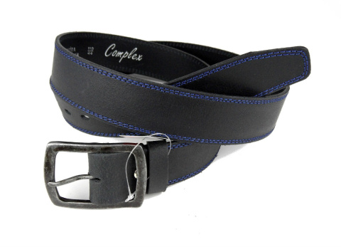 Pasek Skórzany COMPLEX (PL) GRINGO Czarny Z Podwójną Niebieską Nitką Skóra Licowa Matowa 40 mm