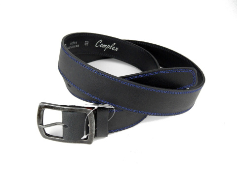 Pasek Skórzany COMPLEX (PL) GRINGO Czarny Z Podwójną Niebieską Nitką Skóra Licowa Matowa 40 mm