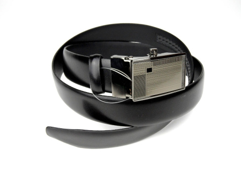 Pasek Skórzany COMPLEX (PL) Gładki Zaokrąglony z Pełną Klamrą Automat Skóra licowa 30 mm CZARNY Klamra "SREBRNA 32"