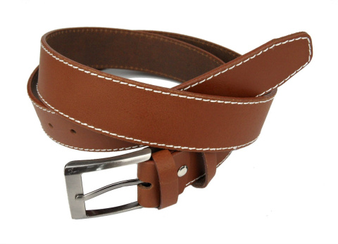Pasek Skórzany PAS-MAX (PL) 40 mm Jasny Brąz Z Białą Nitką