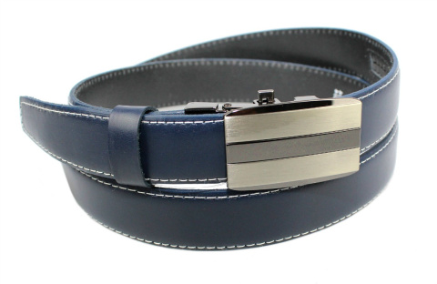 Pasek Skórzany COMPLEX (PL) Gładki Zaokrąglony Z Pełną Klamrą Automat Skóra Licowa 30 mm GRANATOWY Klamra ''SREBRNA 4''