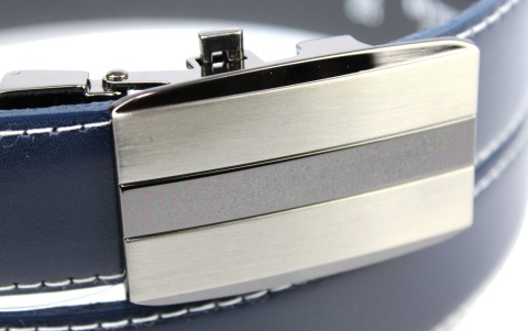 Pasek Skórzany COMPLEX (PL) Gładki Zaokrąglony Z Pełną Klamrą Automat Skóra Licowa 30 mm GRANATOWY Klamra ''SREBRNA 4''