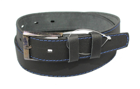 Pasek Dziecięcy Skórzany COMPLEX (PL) "SZYTY NIEBIESKĄ NITKĄ" 30 mm Skóra Naturalna CZARNY