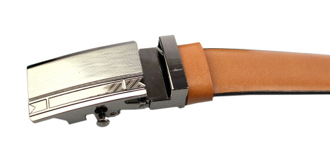 Pasek Skórzany Do Garnituru COMPLEX (PL) Gładki Zaokrąglony Z Pełną Klamrą Automat Skóra Licowa 30 mm Karmel Klamra ''SREBRNA 7"