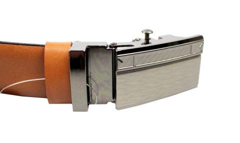 Pasek Skórzany Do Garnituru COMPLEX (PL) Gładki Zaokrąglony Z Pełną Klamrą Automat Skóra Licowa 30 mm Karmel Klamra ''SREBRNA 7"