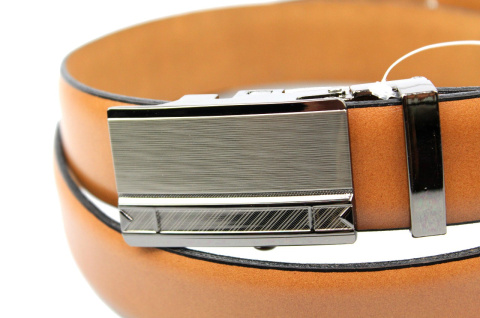 Pasek Skórzany Do Garnituru COMPLEX (PL) Gładki Zaokrąglony Z Pełną Klamrą Automat Skóra Licowa 30 mm Karmel Klamra ''SREBRNA 7"