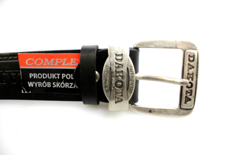 Pasek Skórzany COMPLEX (PL) Tłoczony Napis "DAKOTA" Z METALOWĄ KOŃCÓWKĄ Skóra Licowa EXTRA 40 mm CZARNY