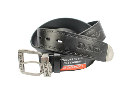 Pasek Skórzany COMPLEX (PL) Tłoczony Napis "DAKOTA" Z METALOWĄ KOŃCÓWKĄ Skóra Licowa EXTRA 40 mm CZARNY