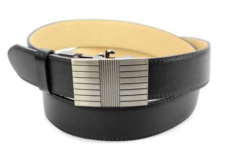 Pasek Skórzany Gładki PAS-MAX (PL) 35 mm AUTOMAT SAMOZACISK ŁAMANY KLAMRA "SREBRNA 10" Skóra Naturalna Licowa EXTRA CZARNY