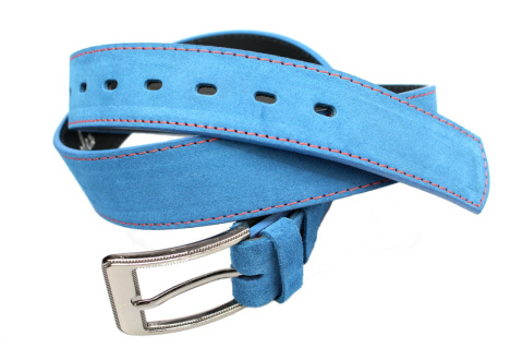 Pasek Niebieski Z Malinową Nitką COMPLEX (PL) Skóra Naturalna Licowa Zamsz 40 mm