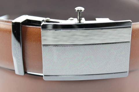 Pasek Męski Skórzany COMPLEX (PL) Gładki Z Pełną Klamrą Automat  Ząbki "SREBRNA 9" Skóra Licowa 35 mm BRĄZOWY