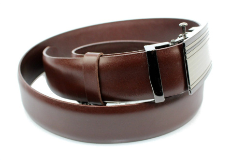 Pasek Męski Skórzany Gładki Zaokrąglony Z Pełną Klamrą Automat Skóra Licowa 35 mm Klamra ''SREBRNA 5" BRĄZOWY