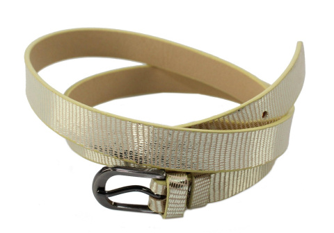 Pasek Skórzany PAS-MAX (PL) Damski "POŁYSKUJĄCA DROBNA ŁUSKA" Skóra Licowa 25 mm ZŁOTY k605 Wąski