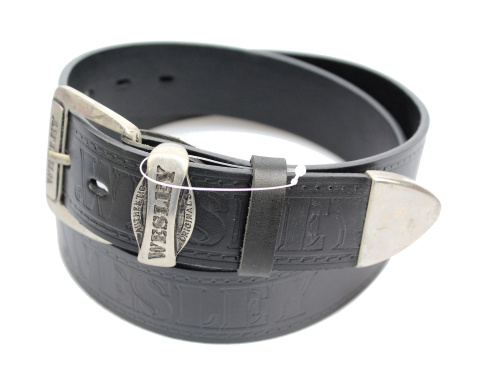 Pasek Skórzany COMPLEX (PL) Tłoczony Napis "WESLEY" Z METALOWĄ KOŃCÓWKĄ Skóra Licowa EXTRA 40 mm CZARNY