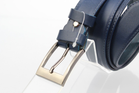 Pasek Męski Skórzany PAS-MAX (PL) "IMITACJA SZYCIA CIENKĄ NITKĄ" Skóra Licowa 30 mm GRANATOWY K82