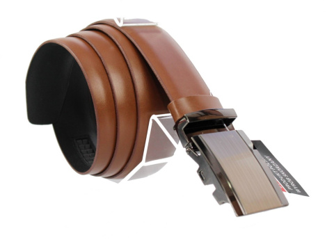 Pasek Męski Skórzany COMPLEX (PL) Gładki Z Pełną Klamrą Automat  Ząbki "SREBRNA 9" Skóra Licowa 35 mm BRĄZOWY