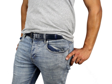 Pasek Męski Skórzany PAS-MAX (PL) "IMITACJA SZYCIA CIENKĄ NITKĄ" Skóra Licowa 30 mm GRANATOWY K82