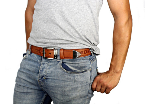 Pasek Skórzany CEZMAR (PL) Tłoczony Napis "CROSS" Skóra Naturalna Licowa EXTRA 40 mm KONIAKOWY