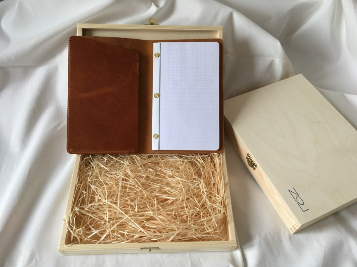 Notatnik W Skórzanej Oprawie Brązowy Z Kieszonką + Pudełko Drewniane Wymienne Wkłady Skóra Licowa Vintage Solidny Notes