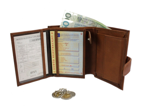 Portfel Męski PolskaGalanteria (PL) Skórzany Pionowy Z Zapięciem Skóra Cielęca Dwa Skrzydełka Jasny Brązowy 411/1