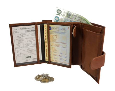 Portfel Męski PolskaGalanteria (PL) Skórzany Pionowy Z Zapięciem Skóra Cielęca Dwa Skrzydełka Jasny Brązowy 411/1