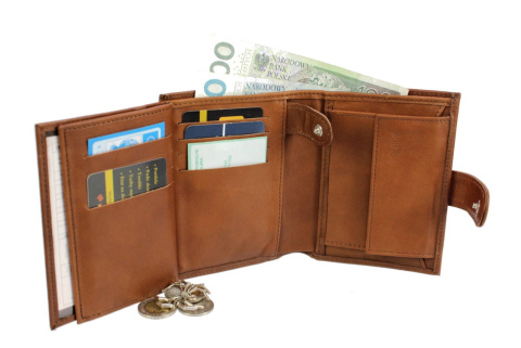 Portfel Męski PolskaGalanteria (PL) Skórzany Pionowy Z Zapięciem Skóra Cielęca Dwa Skrzydełka Jasny Brązowy 411/1