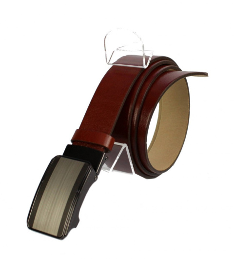 Pasek Skórzany Gładki PAS-MAX (PL) 35 mm AUTOMAT SAMOZACISK ŁAMANY KLAMRA "SREBRNA 1" Skóra Naturalna Licowa EXTRA RUDY K32