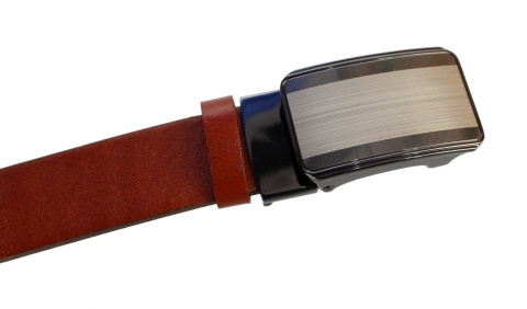 Pasek Skórzany Gładki PAS-MAX (PL) 35 mm AUTOMAT SAMOZACISK ŁAMANY KLAMRA "SREBRNA 1" Skóra Naturalna Licowa EXTRA RUDY K32
