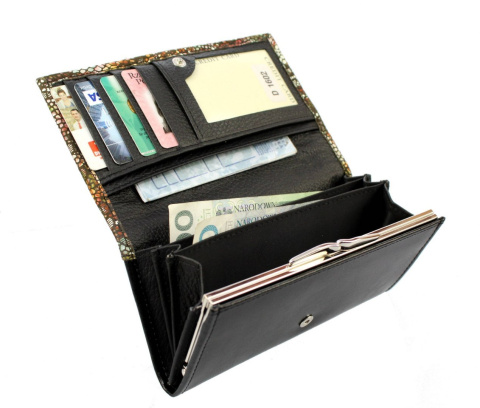 Portfel Damski PolskaGalanteria Długi Z Klamrą Skóra Naturalna Cielęca Czarny Z Grafiką KP D1602