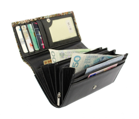 Portfel Damski PolskaGalanteria (PL) Długi 17 cm Suwak Skóra Naturalna Cielęca Czarny Z Grafiką D-14