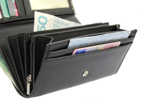 Portfel Damski PolskaGalanteria (PL) Długi 17 cm Suwak Skóra Naturalna Cielęca Czarny Z Grafiką D-14