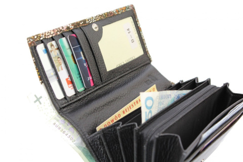 Portfel Damski PolskaGalanteria (PL) Długi 17 cm Suwak Skóra Naturalna Cielęca Czarny Z Grafiką D-14