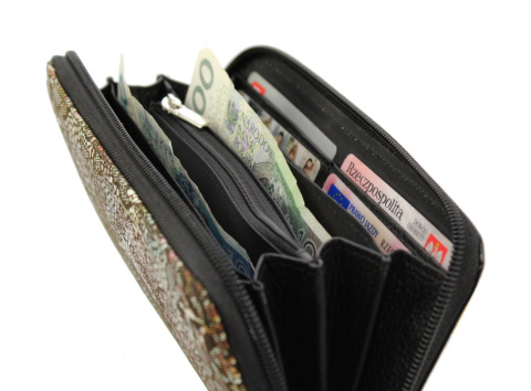 Portfel Damski Skóra Naturalna Cielęca POLSKAGALANTERIA Duży Piórnik Czarny z grafiką KP D10