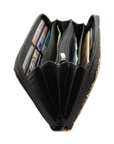 Portfel Damski Skóra Naturalna Cielęca POLSKAGALANTERIA Duży Piórnik Czarny z grafiką KP D10