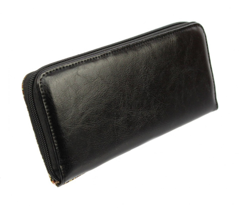 Portfel Damski Skóra Naturalna Cielęca POLSKAGALANTERIA Duży Piórnik Czarny z grafiką KP D10