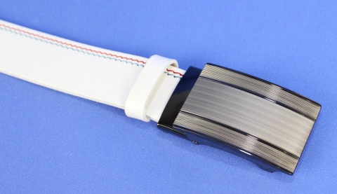 Pasek PAS-MAX (PL) Skóra Naturalna Licowa 35 mm Biały Z Czerwoną I Niebieską Nitką Klamra ''SREBRNA 5" Automat
