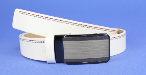 Pasek PAS-MAX (PL) Skóra Naturalna Licowa 35 mm Biały Z Czerwoną I Niebieską Nitką Klamra ''SREBRNA 1" Automat