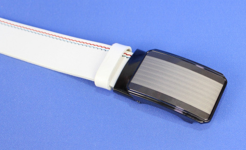 Pasek PAS-MAX (PL) Skóra Naturalna Licowa 35 mm Biały Z Czerwoną I Niebieską Nitką Klamra ''SREBRNA 1" Automat