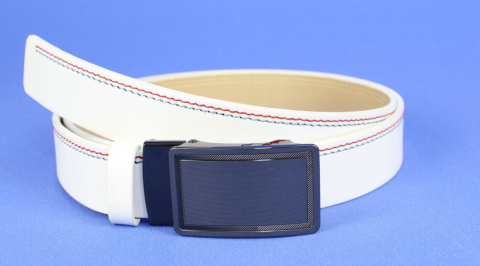 Pasek PAS-MAX (PL) Skóra Naturalna Licowa 35 mm Biały Z Czerwoną I Niebieską Nitką Klamra ''SREBRNA 4" Automat