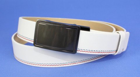 Pasek PAS-MAX (PL) Skóra Naturalna Licowa 35 mm Biały Z Czerwoną I Niebieską Nitką Klamra ''SREBRNA 4" Automat