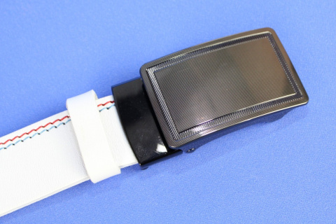 Pasek PAS-MAX (PL) Skóra Naturalna Licowa 35 mm Biały Z Czerwoną I Niebieską Nitką Klamra ''SREBRNA 4" Automat