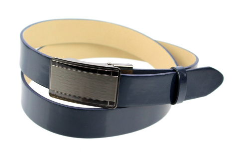 Pasek Damski Skórzany Gładki PAS-MAX (PL) 35 mm Lakierowany GRANATOWY Samozaciskowy Klamra SREBRNA 23