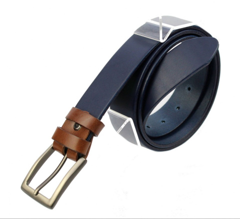 Pasek Męski Skórzany PAS-MAX (PL) Skóra Licowa EXTRA 35 mm GRANATOWY Z BRĄZOWYM k.82