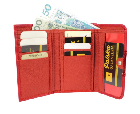 Portfel Damski Skórzany PolskaGalanteria (PL) 14 cm Klamra Skóra Naturalna Cielęca Z Wstawką Czerwony D39-WST