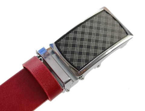 Pasek Skórzany Gładki PAS-MAX (PL) 35 mm AUTOMAT SAMOZACISK ŁAMANY KLAMRA "CZARNA 23" Skóra Naturalna Licowa EXTRA CZERWONY