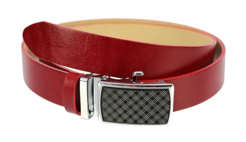 Pasek Skórzany Gładki PAS-MAX (PL) 35 mm AUTOMAT SAMOZACISK ŁAMANY KLAMRA "CZARNA 23" Skóra Naturalna Licowa EXTRA CZERWONY