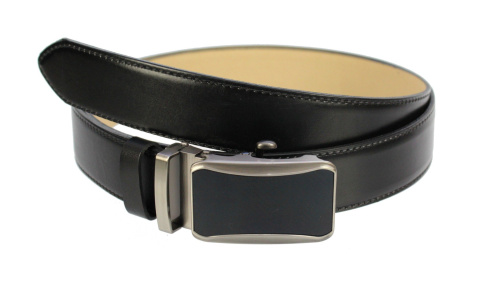 Pasek Skórzany Gładki PAS-MAX (PL) 35 mm AUTOMAT SAMOZACISK ŁAMANY KLAMRA "CZARNA 24" Skóra Licowa CZARNY Imitacja Szycia