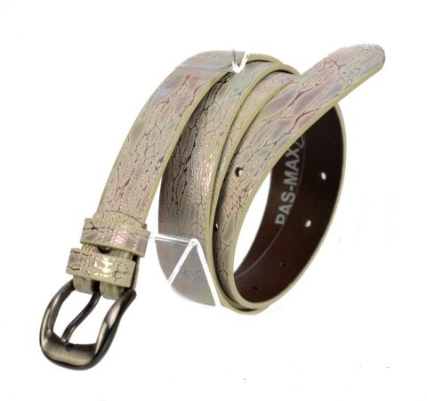 Pasek Skórzany PAS-MAX (PL) Damski "POŁYSKUJĄCA DROBNA ŁUSKA" Skóra Licowa 25 mm ZŁOTA MOZAIKA A3