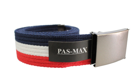 Pasek Parciany PAS-MAX (PL) Bawełniany PARCIAK 40 mm Z Klamrą Zatrzaskową TRÓJKOLOROWY GRANATOWY BIAŁY I CZERWONY